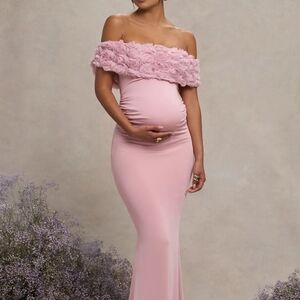 Club L London - Blush Pink Mesh Floral Bardot Maternity Maxi Dress